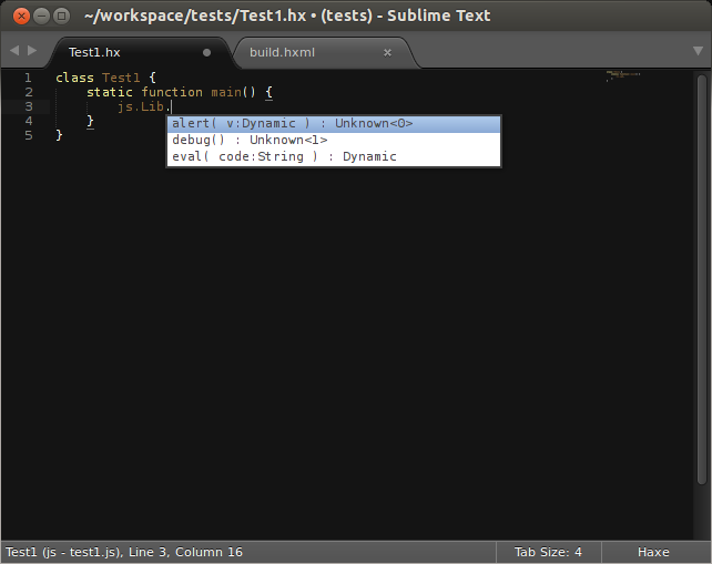 Sublime Text screenshot demonstrating Haxe auto-completion