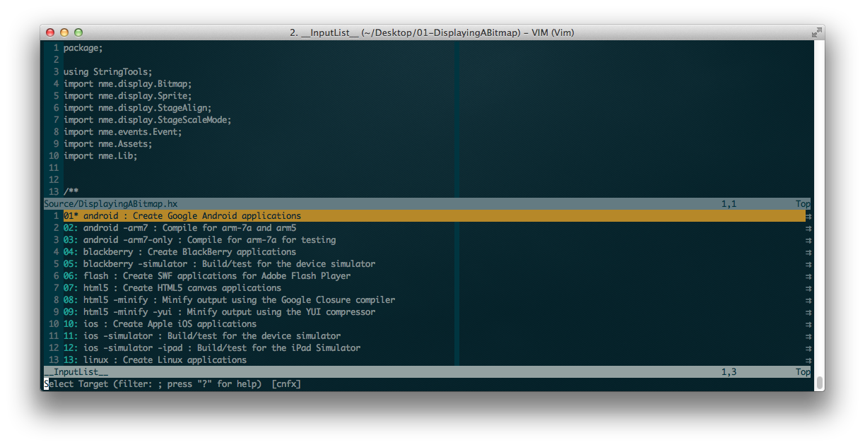 VIM with Vaxe screenshot demonstrating Lime build options.